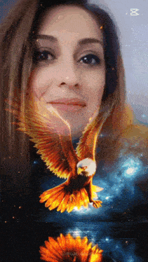 a picture of a woman with an eagle flying in the background