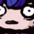 a close up of a cartoon character 's face with a surprised look on it .