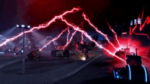 a video game scene with red lightning coming from a building