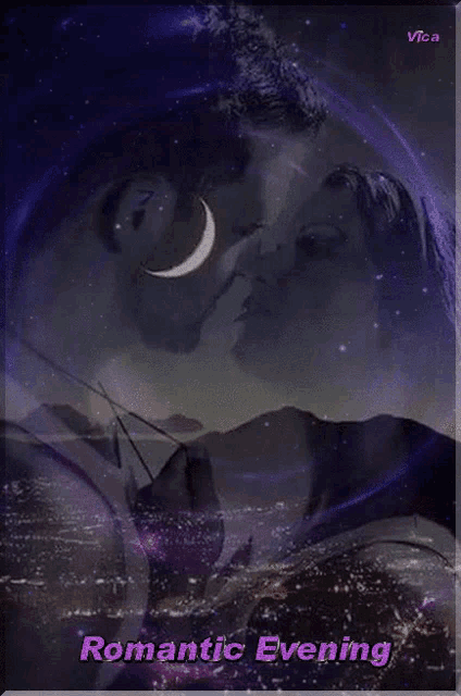 a man and woman kissing under a crescent moon with the words romantic evening on the bottom