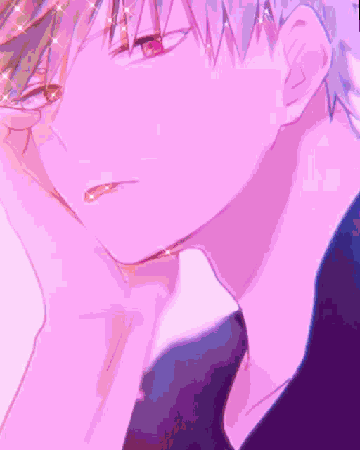 a close up of a person 's face with a purple and pink background