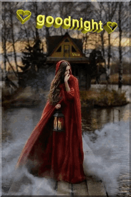 a woman in a red cape is holding a lantern in front of a house that says goodnight vica