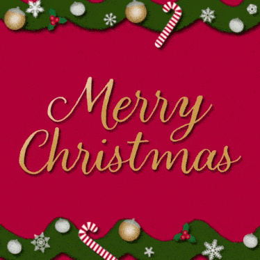 a merry christmas greeting card with snowflakes and candy canes on a red background