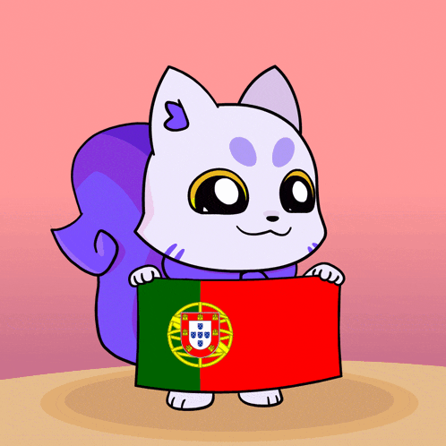 a cartoon cat is holding a portuguese flag in its paws