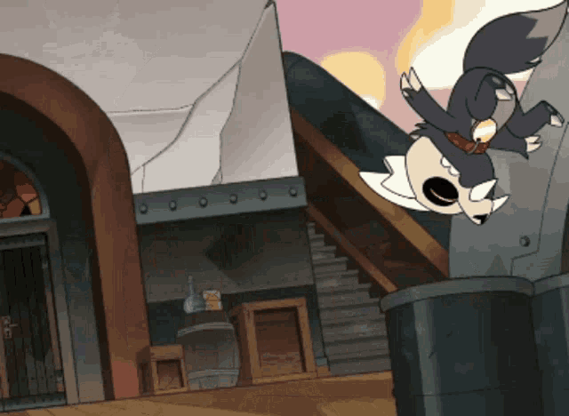 a cartoon character is flying through the air in a building