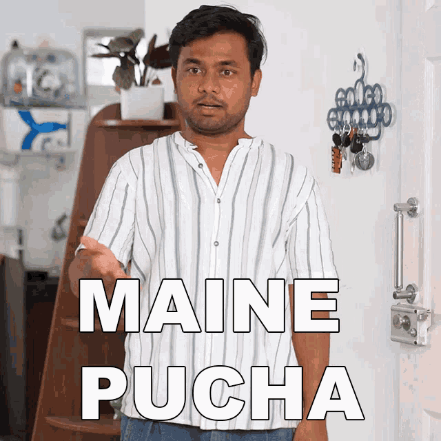a man in a striped shirt says maine pucha in white letters