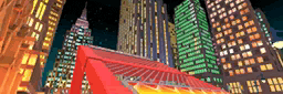 a city skyline with a red building in the middle
