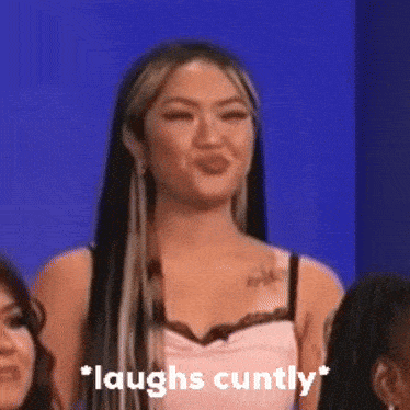 a woman in a pink dress is laughing with the words " laughs cuntly " behind her