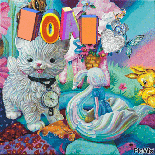 a painting of a cat and a girl with the word love written on it