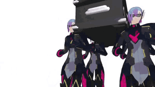 three anime characters are carrying a coffin on their heads