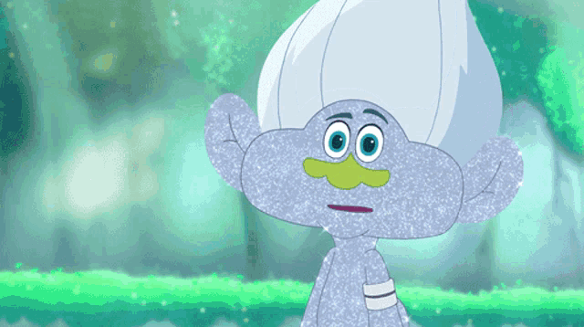 a troll with a white hat and green mustache is looking at the camera