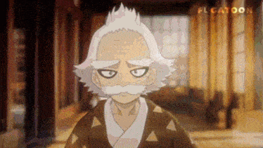 a cartoon character with white hair and a mustache
