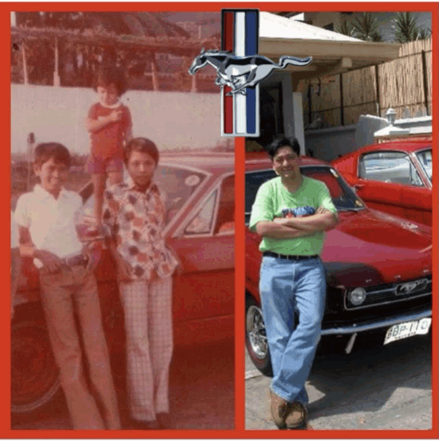 a man stands in front of a red mustang with a license plate that says bbp lg