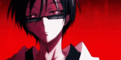a close up of a person wearing glasses and a mask against a red background .