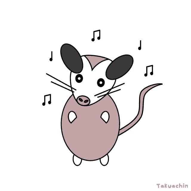 a drawing of an opossum with music notes surrounding it