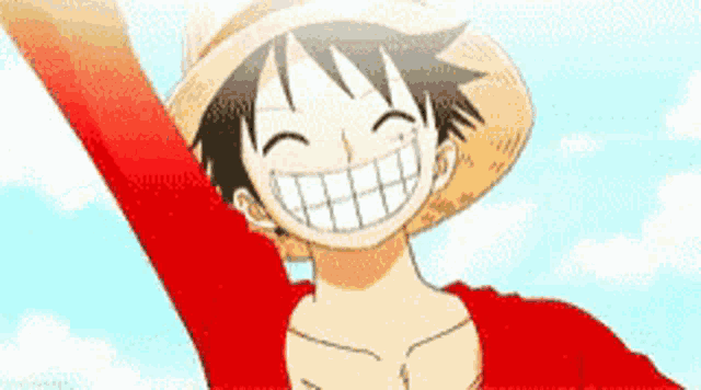 monkey d luffy from one piece is smiling and waving his hand .