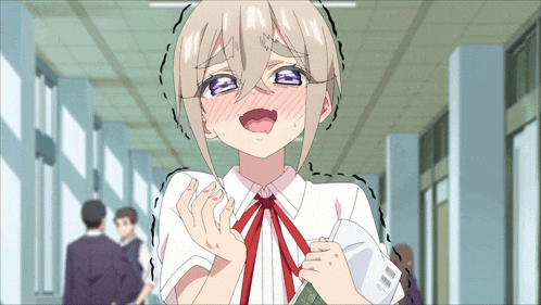 a girl with white hair and purple eyes is making a face