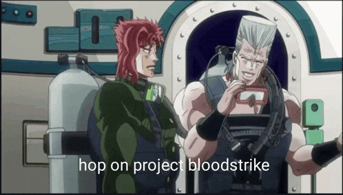 two cartoon characters are standing next to each other with the words hop on project bloodstrike above them