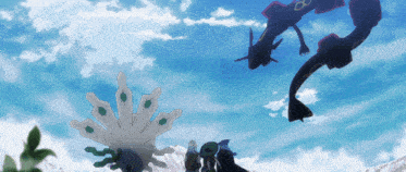 a group of pokemon standing on a mountain with a blue sky in the background