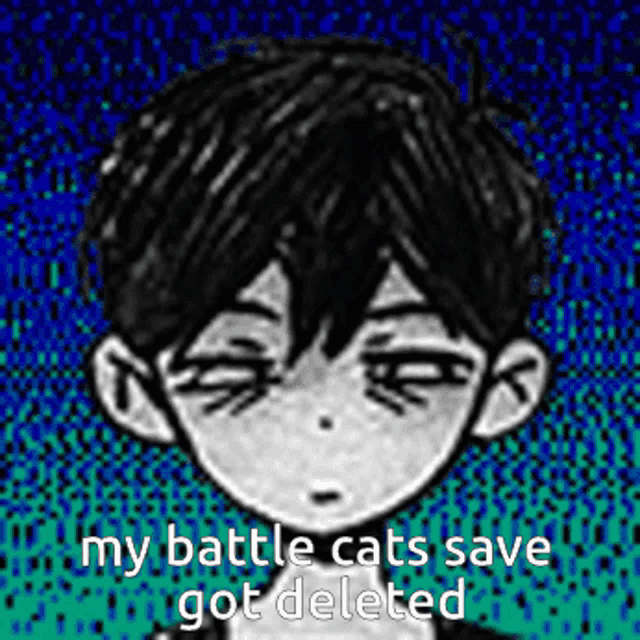 a black and white drawing of a boy 's face with the words `` my battle cats save got deleted '' .