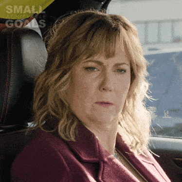 a woman is sitting in the back seat of a car with the words small achievable goals above her