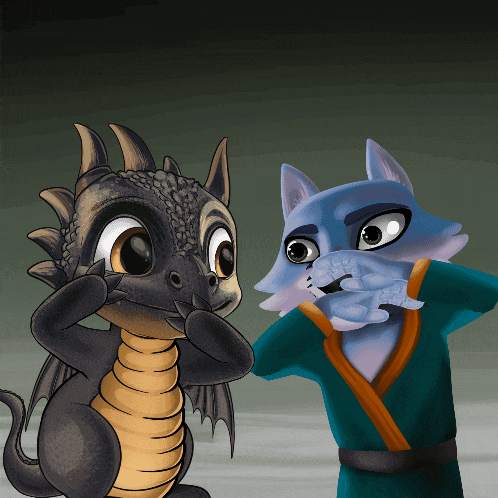 a cartoon drawing of a dragon and a wolf looking at each other