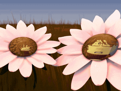 a cartoon drawing of two flowers with a person 's face on them