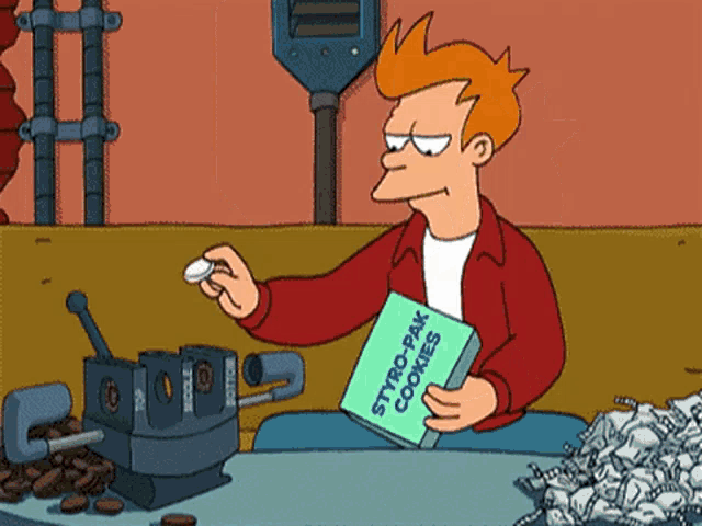fry is holding a box of styro-pak cookies