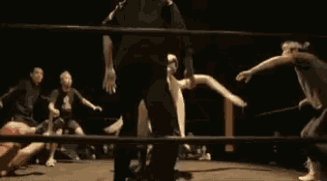 a group of people are wrestling in a ring with a crowd watching .