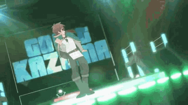 a cartoon character is standing on a stage in front of a sign that says goku kazuma .
