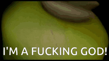 a close up of a green apple with the words " i 'm a fucking god " below it