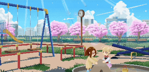 a pixel art illustration of a playground with a clock in the middle