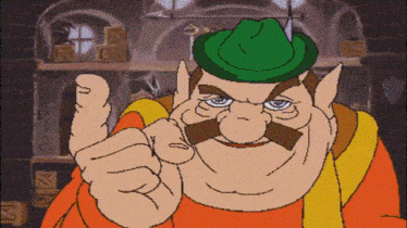 a cartoon character with a green hat and a mustache points at the camera