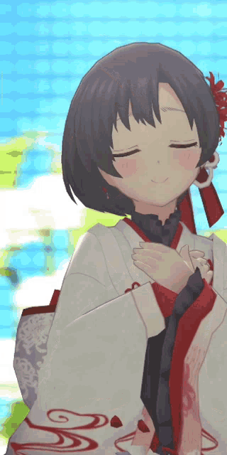 a girl in a kimono with her eyes closed and her hands on her chest