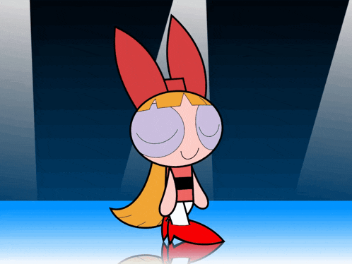 a cartoon character with a red bow on her head stands on a blue surface