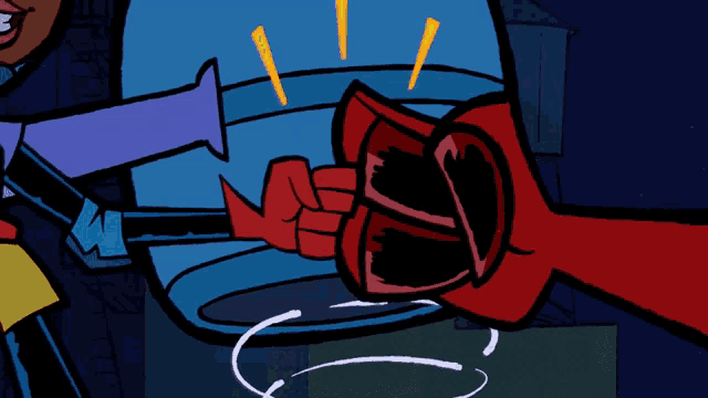 a cartoon character with a red fist is holding a purse