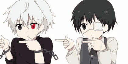 a couple of anime characters pointing at each other .