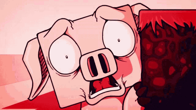 a cartoon pig is looking at something with a red background