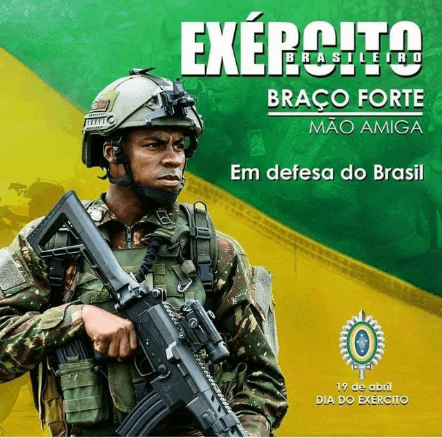 a poster with a soldier holding a gun and the words " em defesa do brasil " at the bottom
