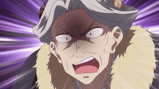 a woman with gray hair and a fur coat is making a very angry face