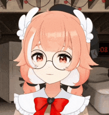 a girl wearing glasses and a red bow stands in front of a clock that reads 0:08