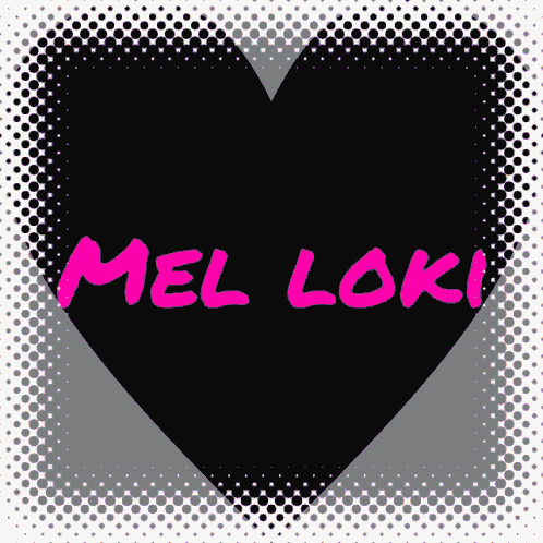 a black heart with pink mel loki written on it