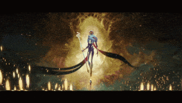 a painting of a skeleton holding a cane in front of a light