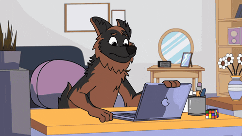 a cartoon dog is using an apple laptop