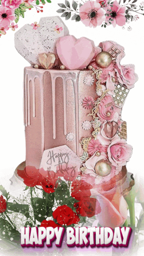 a happy birthday card with a pink cake