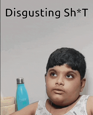 a young boy is making a funny face with the words disgusting sh * t above him