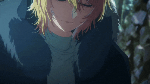 a girl with blonde hair is wearing a black fur coat