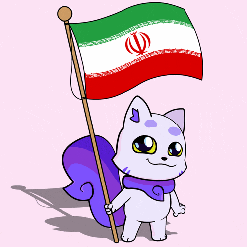 a cartoon drawing of a cat holding a flag