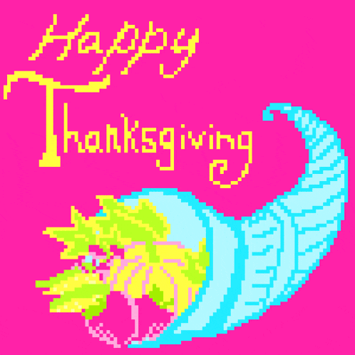 a pixel art of a cornucopia with the words happy thanksgiving below it