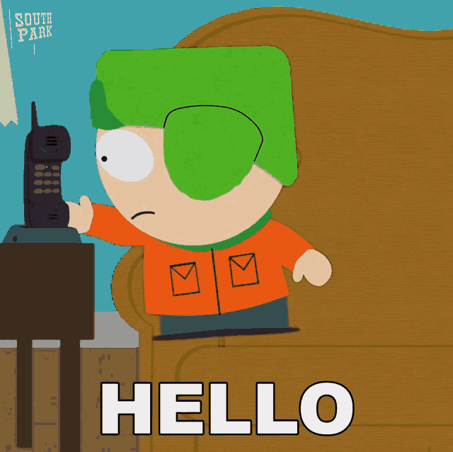 a south park character is talking on a phone
